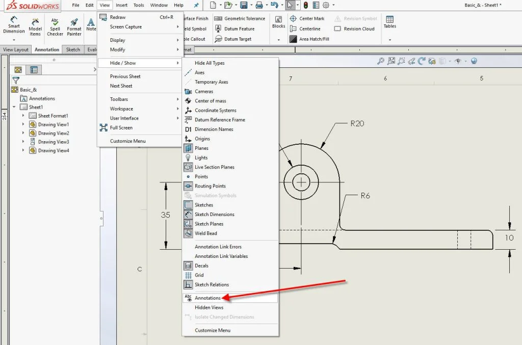 How to Hide/Show Dimensions in a SOLIDWORKS Drawing