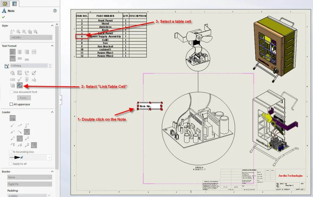 Linking a Note to a Table/BOM Cell in SOLIDWORKS 2017