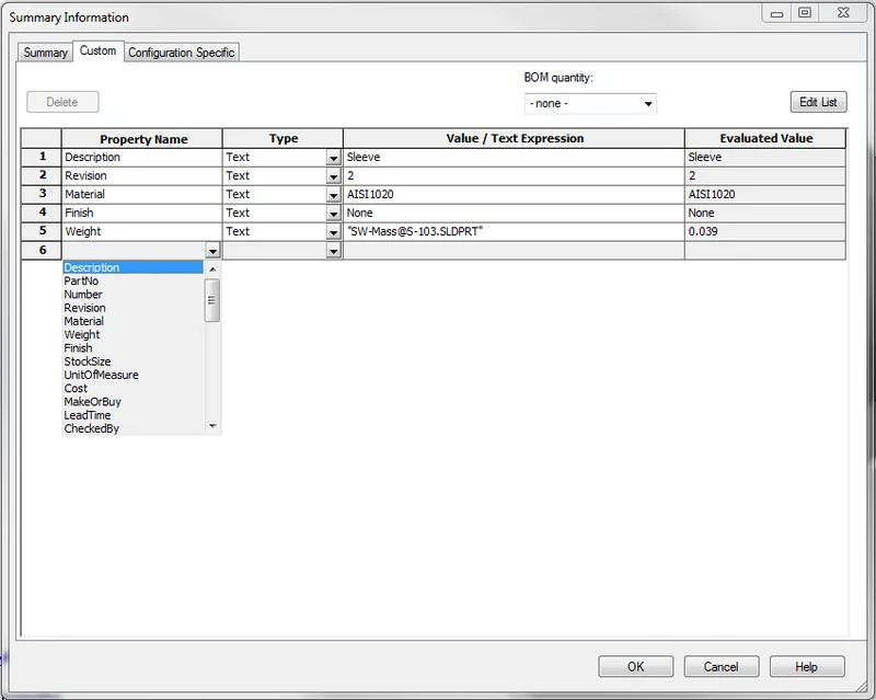 Editing the SolidWorks Custom Property Name List