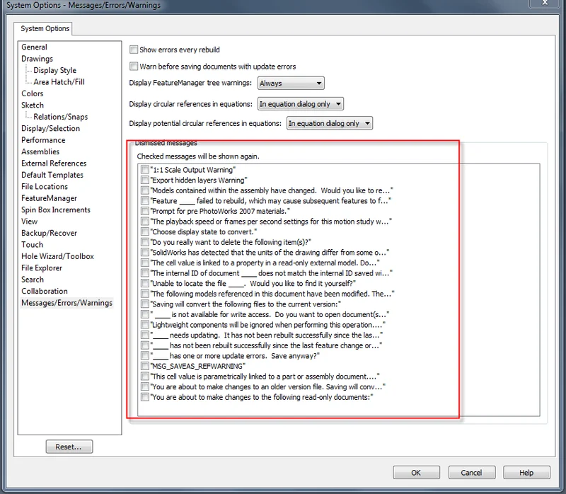 SolidWorks Dismissed Warning and Error Messages