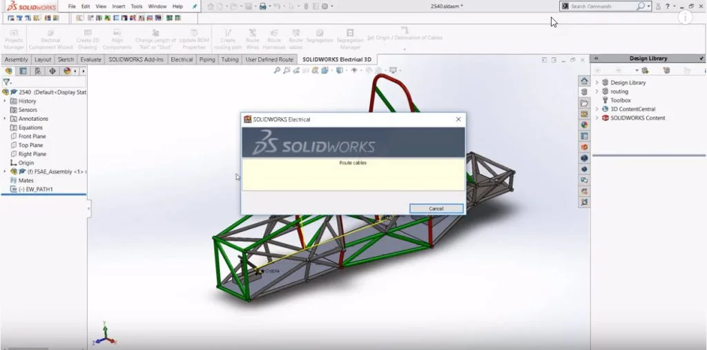 SOLIDWORKS Electrical Formula SAE Tutorial: Creating a routing path and route cables along the path