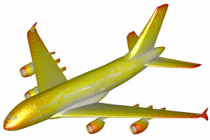 Result of a lightning zoning simulation. Red shows the areas of the aircraft most likely to be struck.