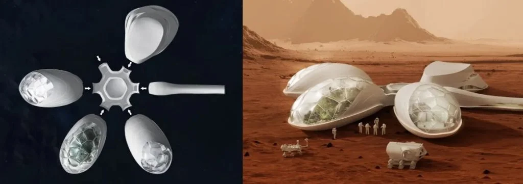 Interstellar Lab – Les modules Ebios, une combinaison de plusieurs unités à environnement contrôlé qui communiquent via des sas (rendu 3D).