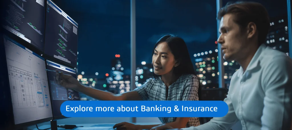 Employees working on a virtual twin of a bank