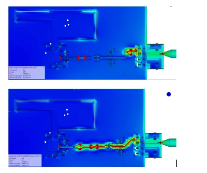 Color ramp contour plots showing surface currents on a PCB with a trace leading from an Ethernet connector to a chip. In the top image, the diode is placed close to the connector, resulting in little ESD penetration. In the bottom image, the diode is placed close to the chip, resulting in currents along a considerable length of trace.