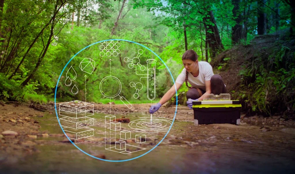 A woman measures soil in a forest - climate change AI - Dassault Systemes blog