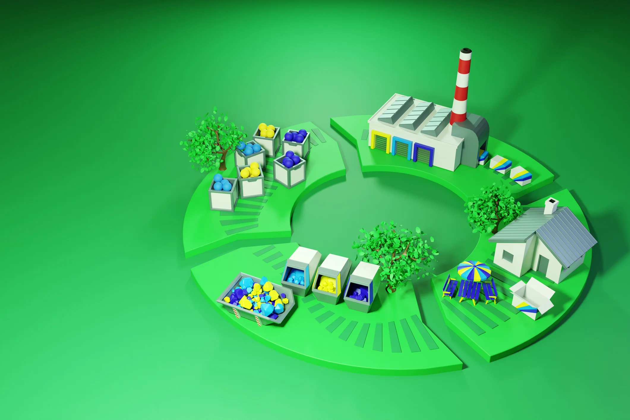 3D illustration of the cycle of manufacturing, consumption and recycling
