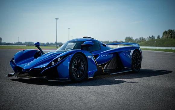 Daytime photo of blue Praga Bohema super race car